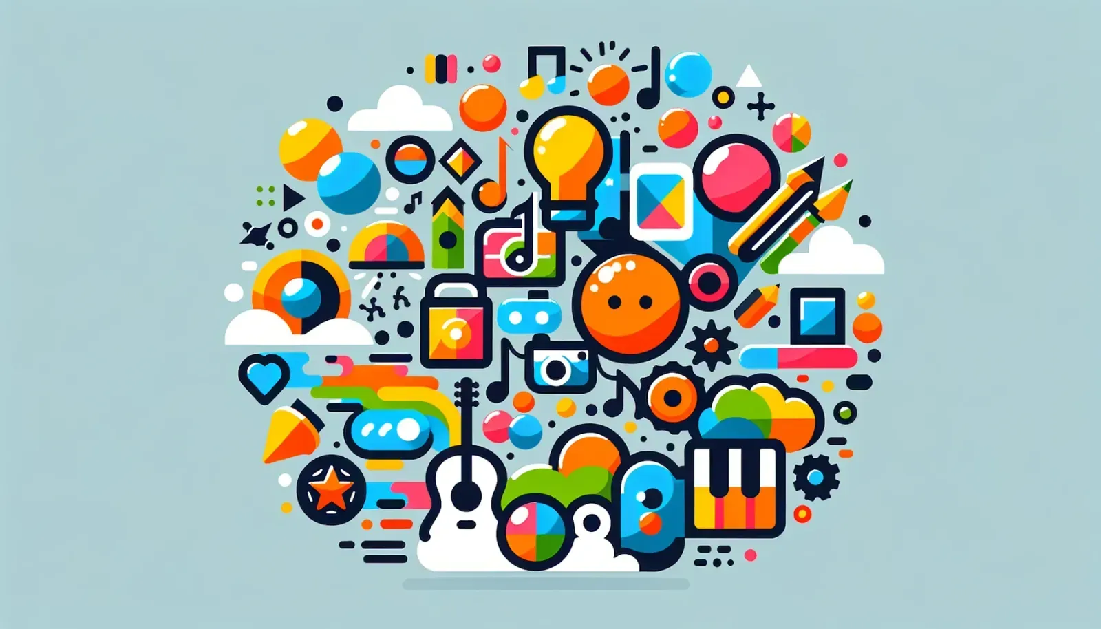 Creative chatbot illustration with colorful icons and playful digital elements