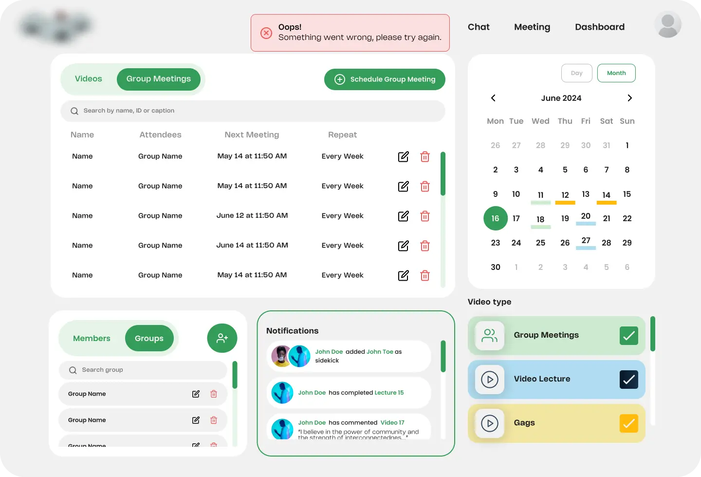 A high-density administrative dashboard showing global meeting schedules, real-time notifications, a platform-wide calendar, and categorized user groups for holistic ecosystem governance.