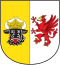 Wappen des Bundeslandes Mecklenburg-Vorpommern: Geteiltes Wappen mit Stierkopf, Greif und Kreuz.