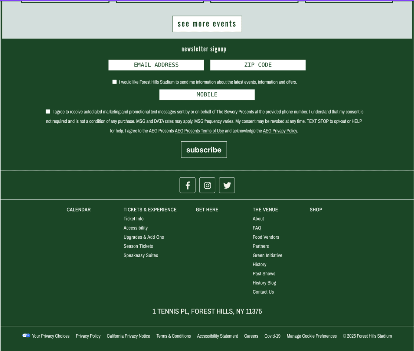 Original bottom half of homepage with newsletter signup form, social media icons, and extensive footer navigation on dark green background