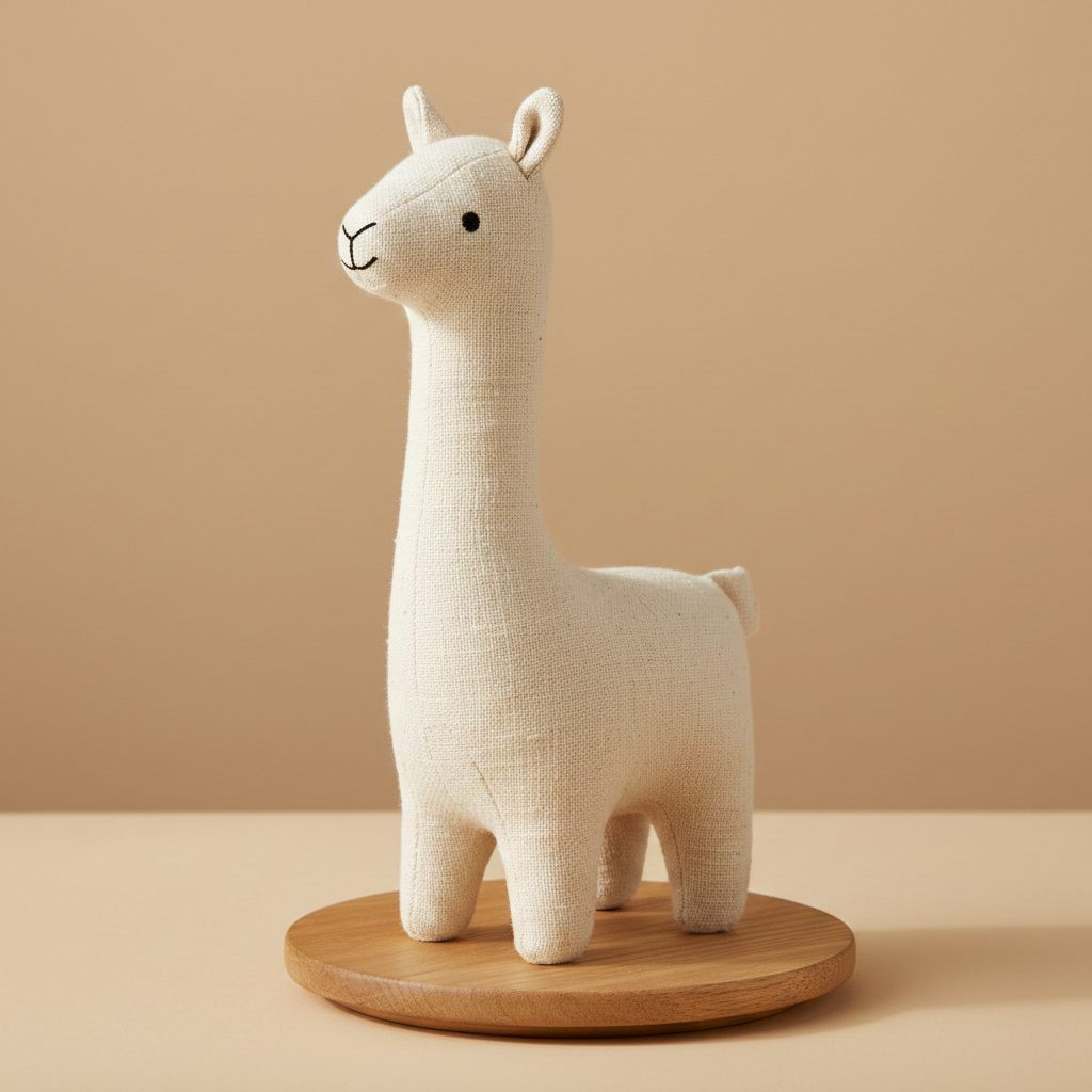 A medium-sized, soft white llama stuffed animal with a fluffy neck, sitting on a wooden shelf.