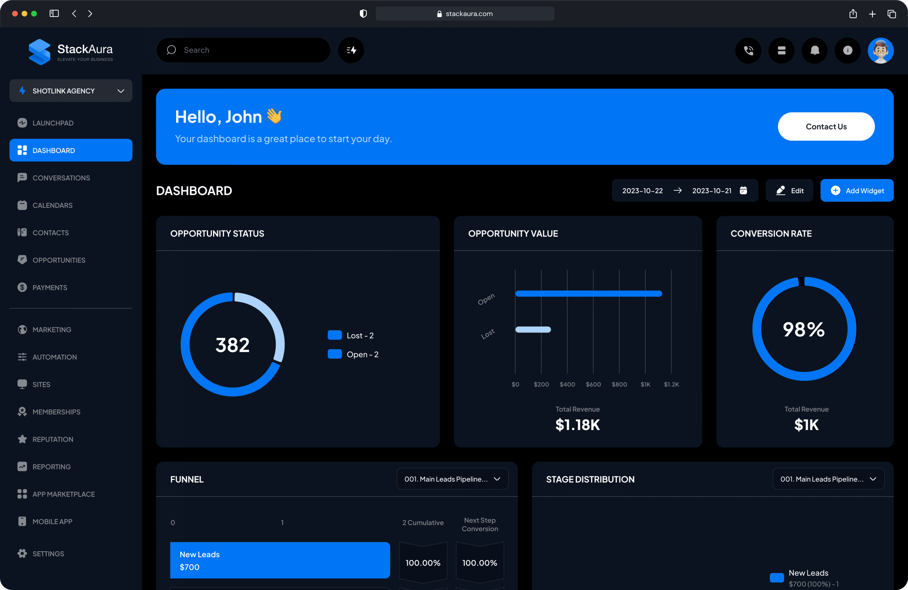 Deep blue dark mode Go High Level dashboard customization with advanced custom CSS styling | StackAura