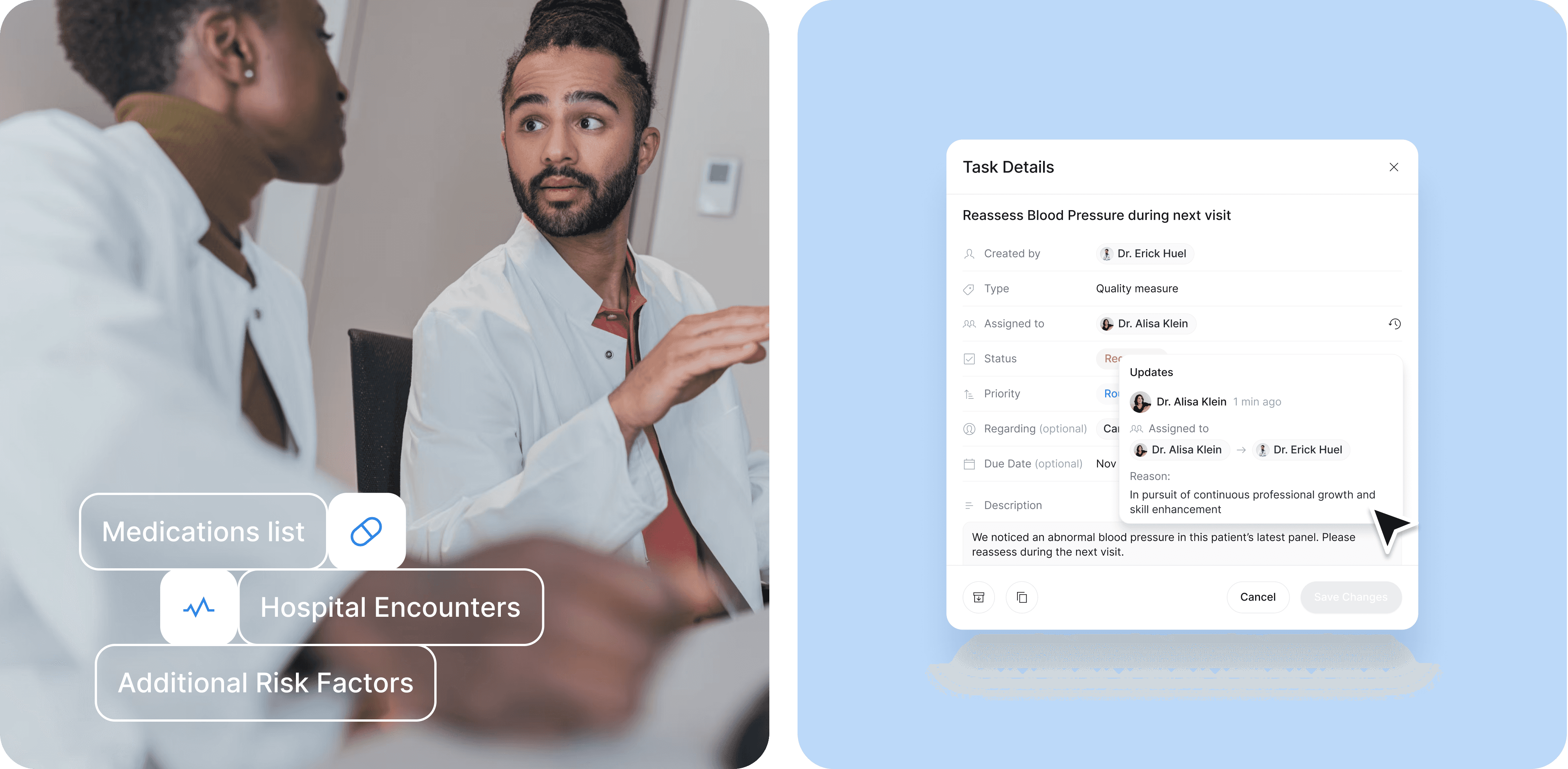 An image of two healthcare professionals engaged in discussion, likely collaborating on a patient case. Both are wearing lab coats, indicating a clinical environment. Overlaid on the image are three key medical categories with icons: Medications list: Represented with a pill icon. Hospital Encounters: Represented with a heart rate icon. Additional Risk Factors: Listed without an icon. The professionals are focused on exchanging information, with the overlay emphasizing critical elements of patient care. The overall design suggests a collaborative approach to evaluating and managing patient health, focusing on essential medical records and encounters.