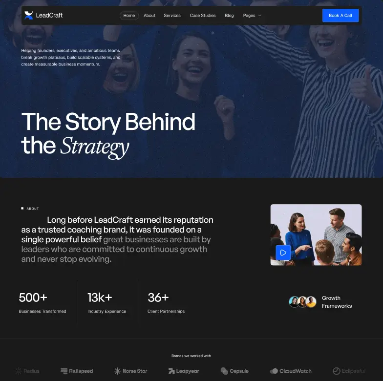 LeadCraft website homepage with a team photo and text about its growth coaching and business reputation.
