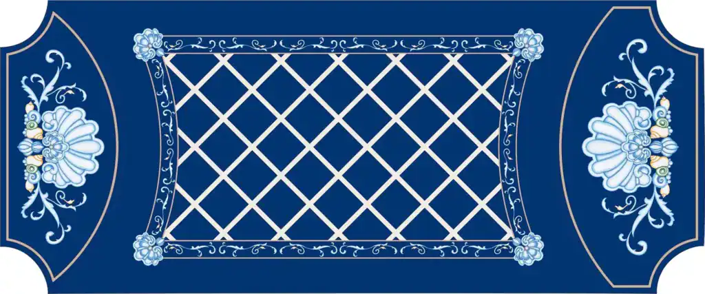 Elegant blue and white decorative rug with intricate patterns.