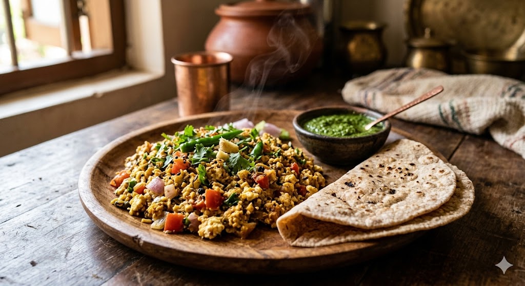 A close-up of paneer bhurji, scrambled cottage cheese with vegetables and spices, garnished with coriander and served with fresh roti.