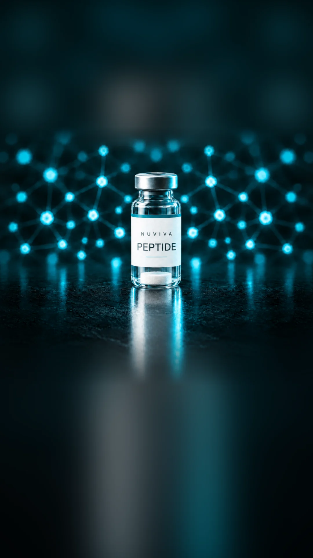 Nuviva vial labeled Peptide on a dark reflective surface with a teal glow