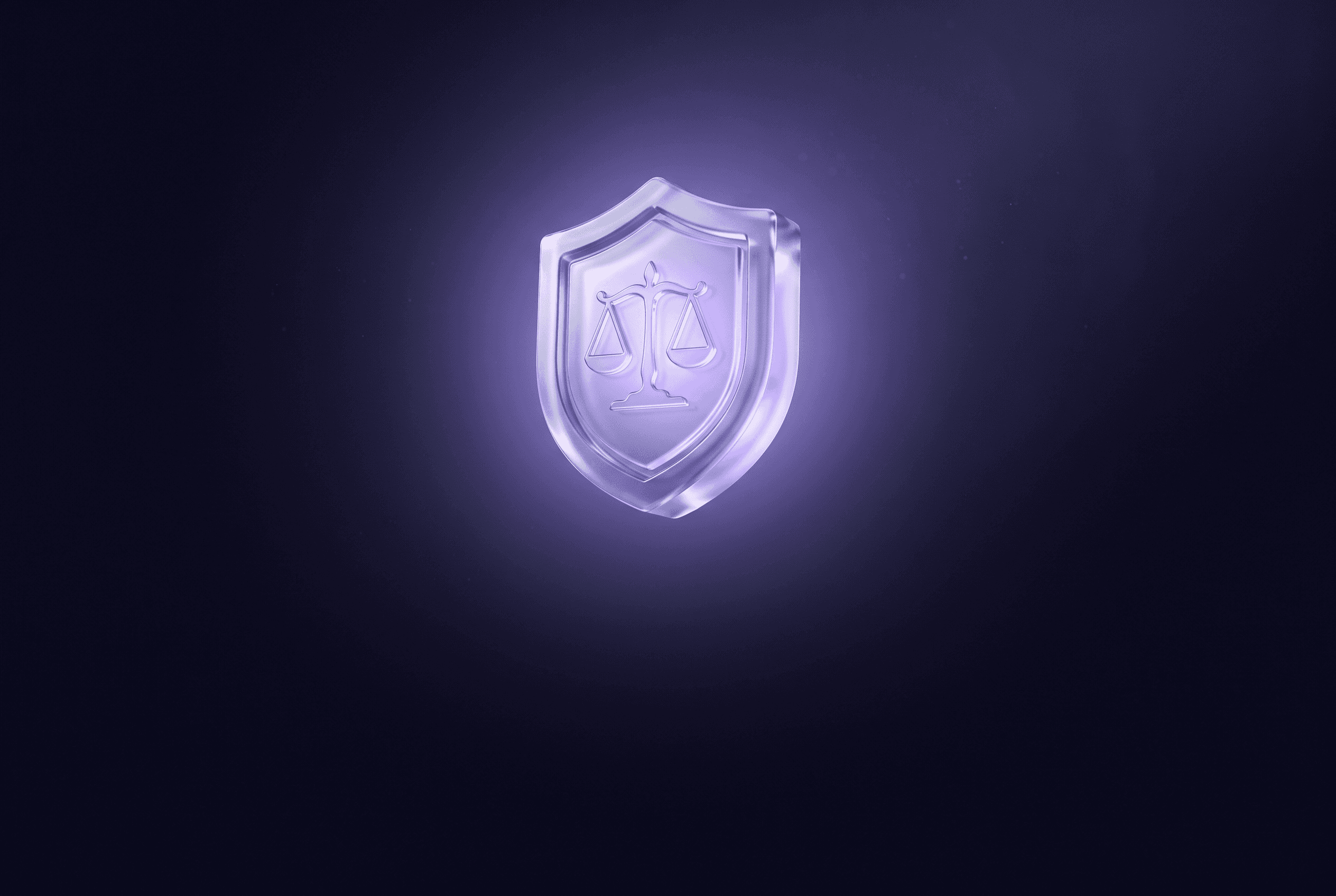 Frosted-glass shield embossed with a violet balance-scale emblem, illustrating the legitimacy defense for agencies