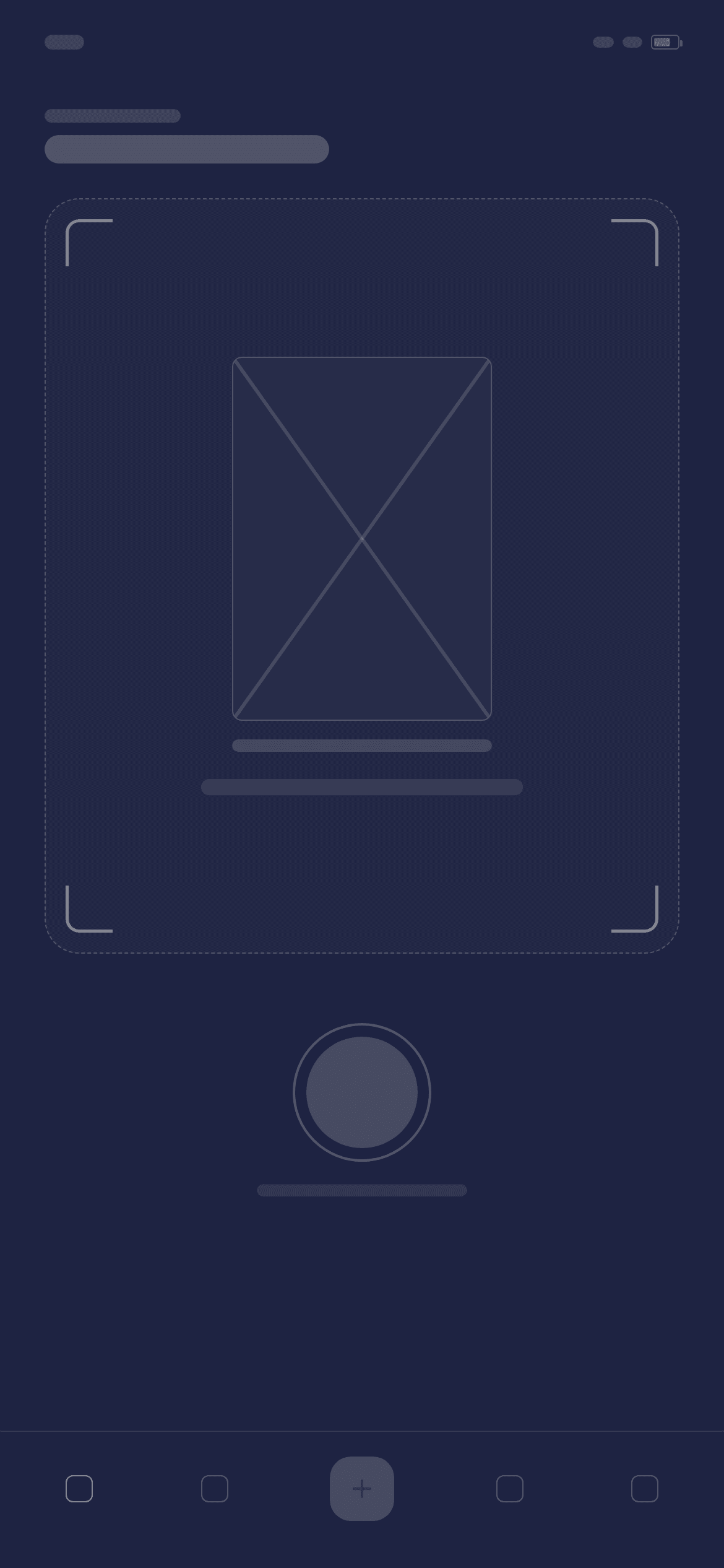 The capture screen as a grey wireframe: a viewfinder box, a shutter button and an amount field.