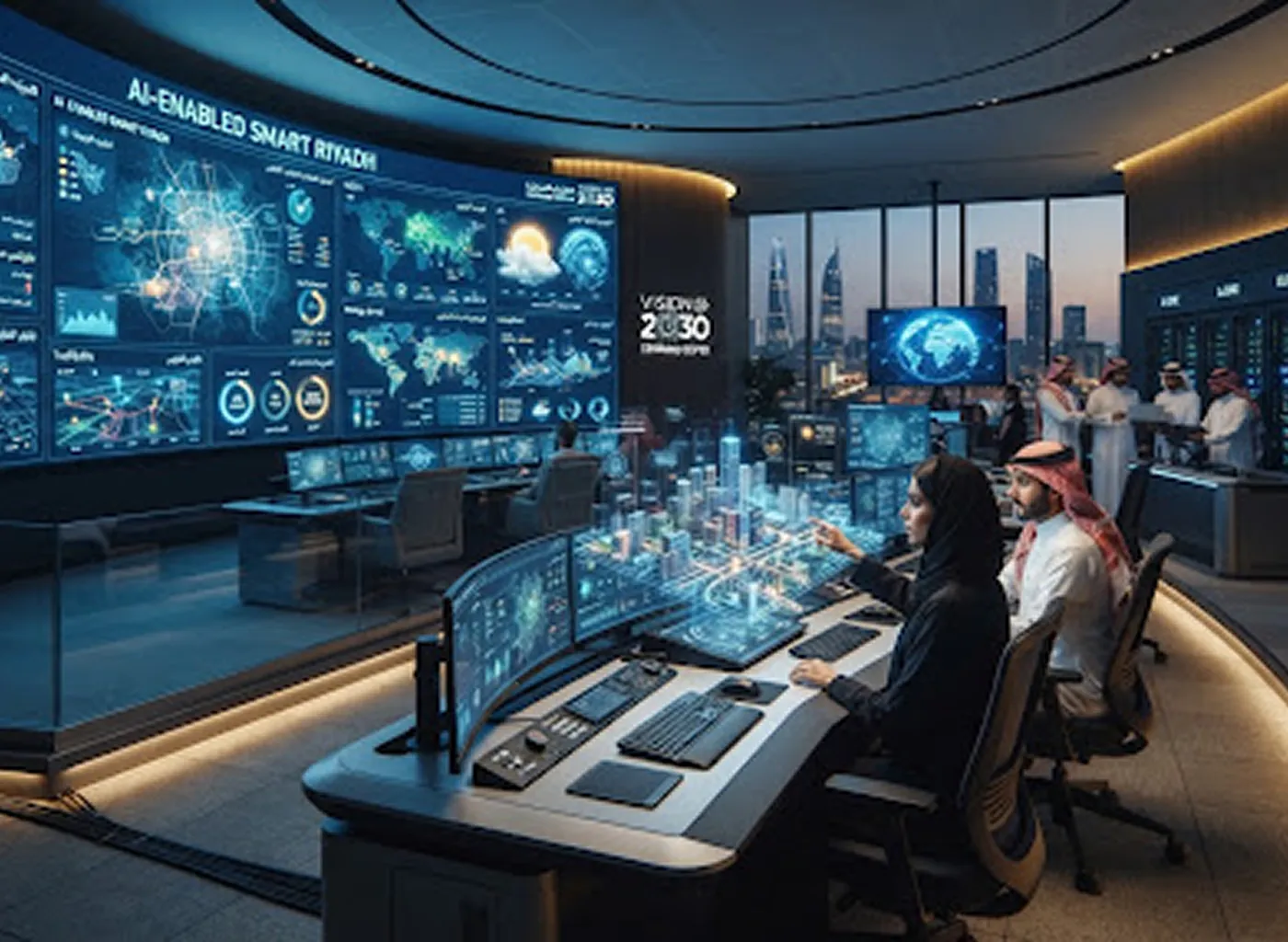 Operators monitoring a smart-city control room with data dashboards