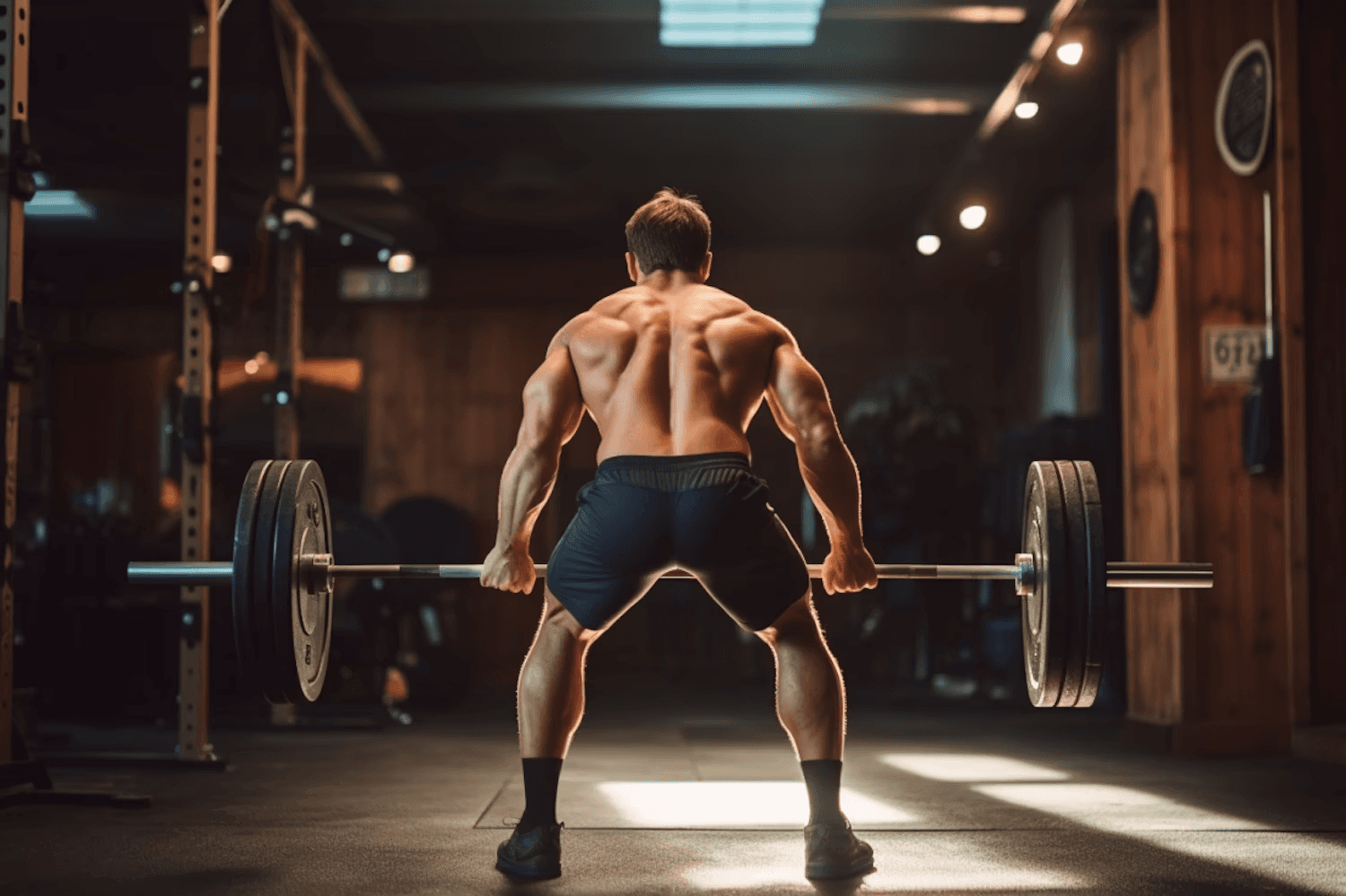 Muscular man viewed from behind deadlifting heavy barbell in gym.