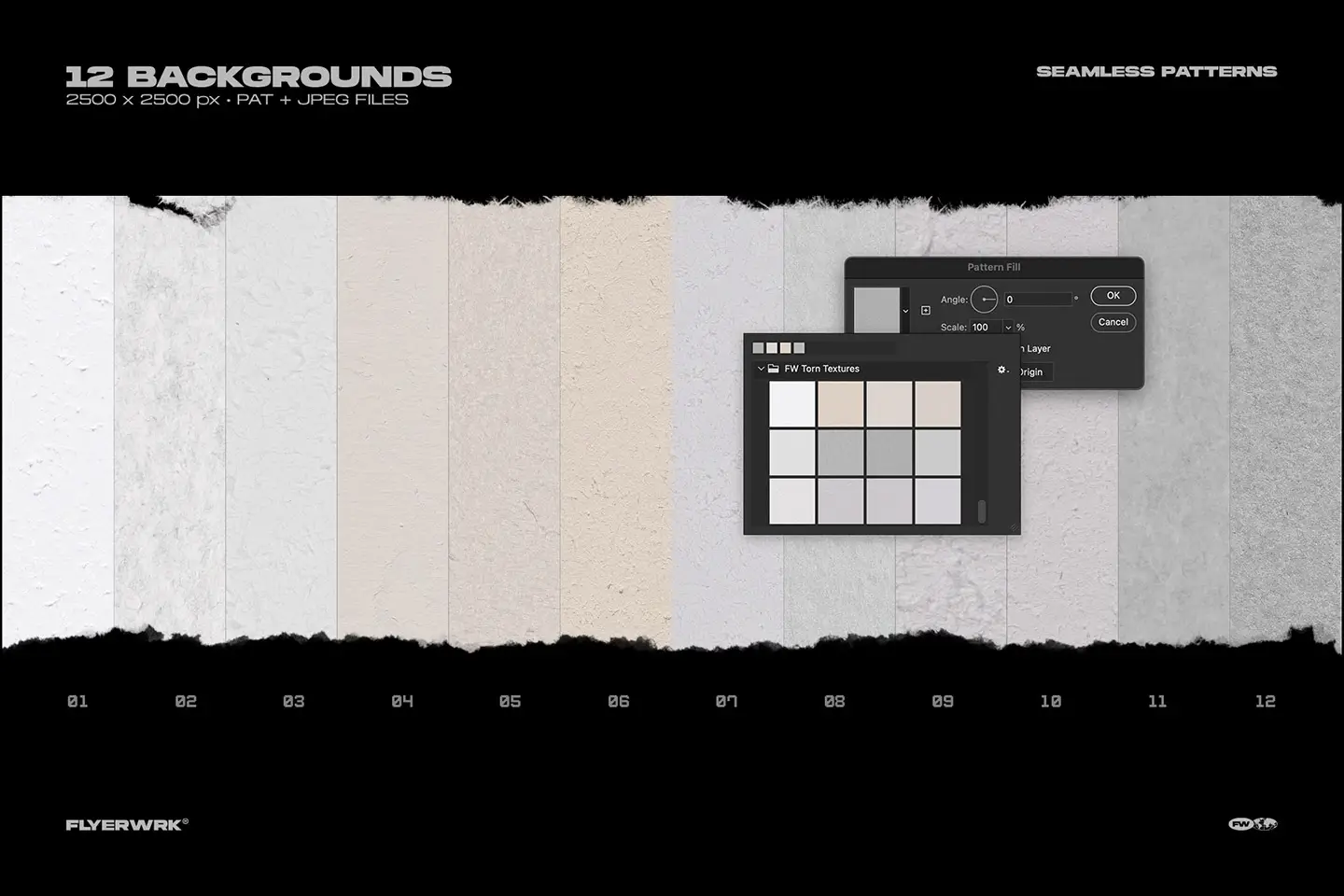 Collection of twelve seamless paper backgrounds in various neutral tones for authentic torn paper design projects