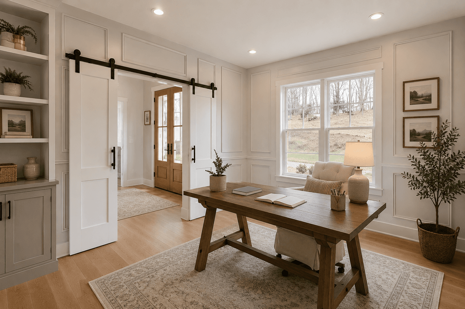 Office and front entry area with custom carpentry