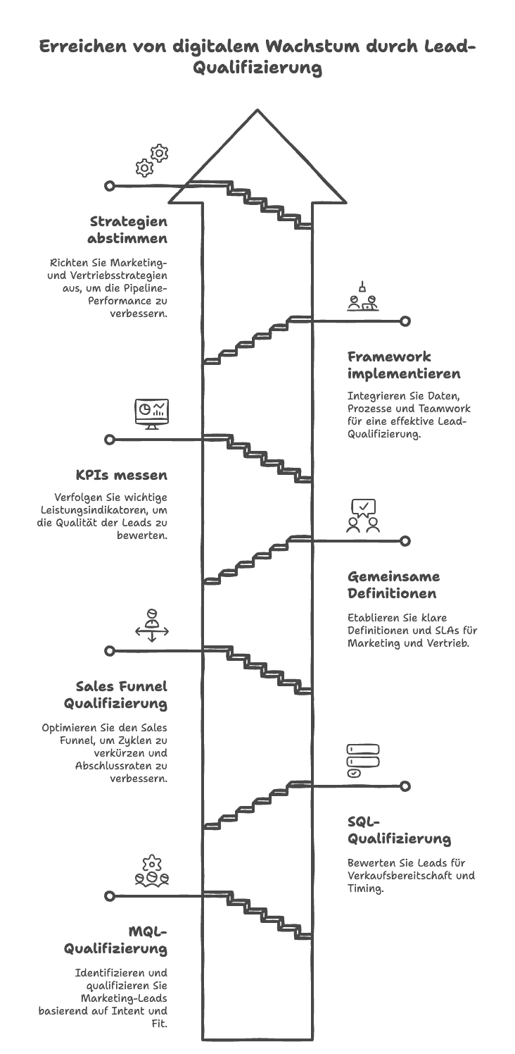 Infografik: Erreichen von digitalem Wachstum durch Lead-Qualifizierung mit sechs Schritten – Strategien abstimmen, Framework implementieren, KPIs messen, gemeinsame Definitionen, Sales Funnel Qualifizierung, MQL- und SQL-Qualifizierung.