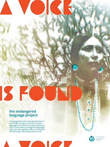 Cyanotype poster featuring a Cherokee woman, with the Cherokee language in the background, and a bright orange headline in the front.