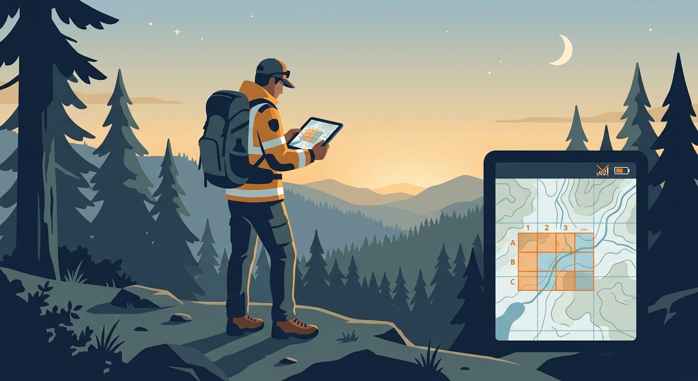 Search and rescue responder using an offline topographic map with a search grid on a tablet with no signal