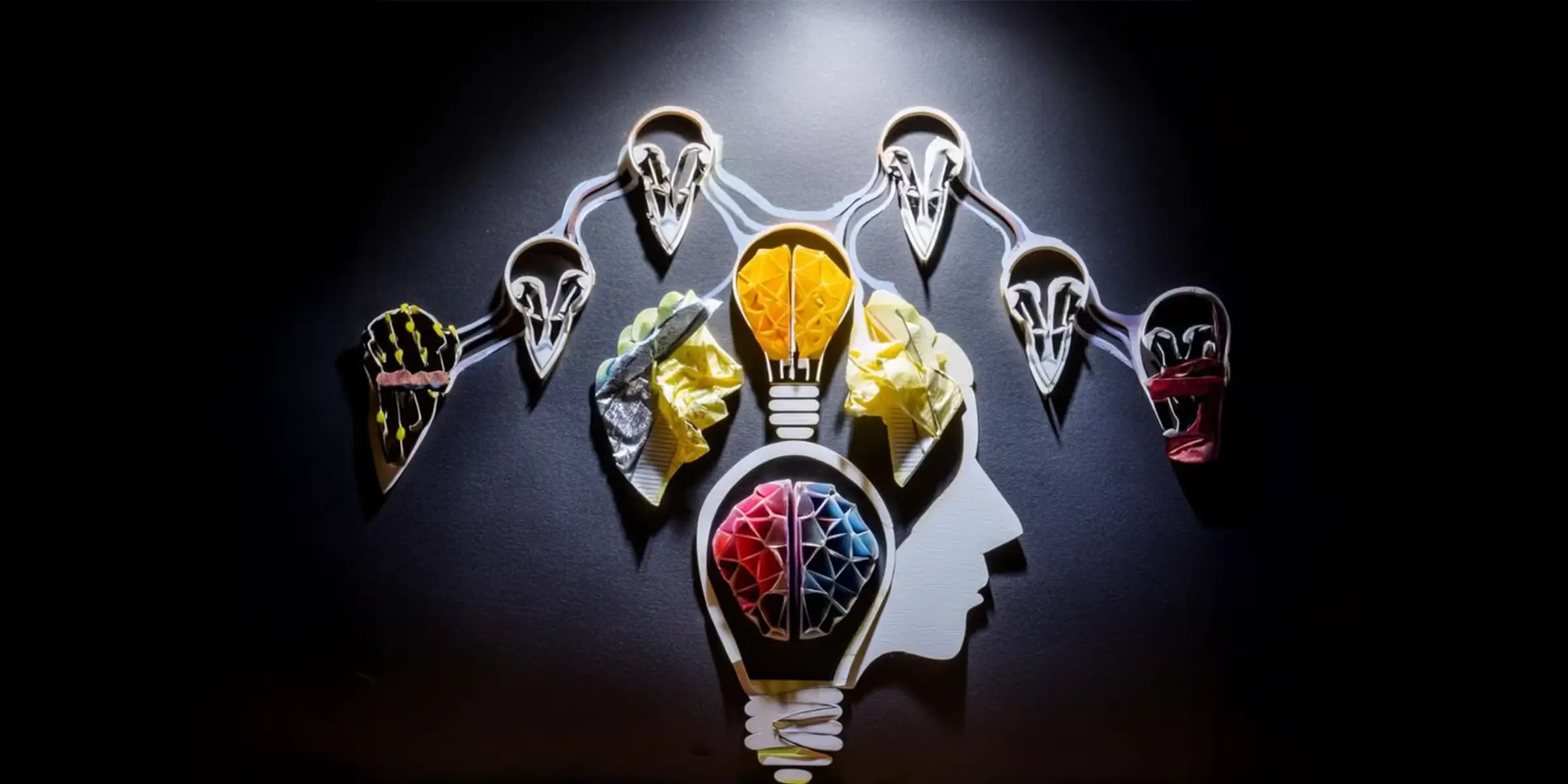 Illustration of a human head and lightbulbs connected by abstract lines, representing divergent thinking and creative problem solving.