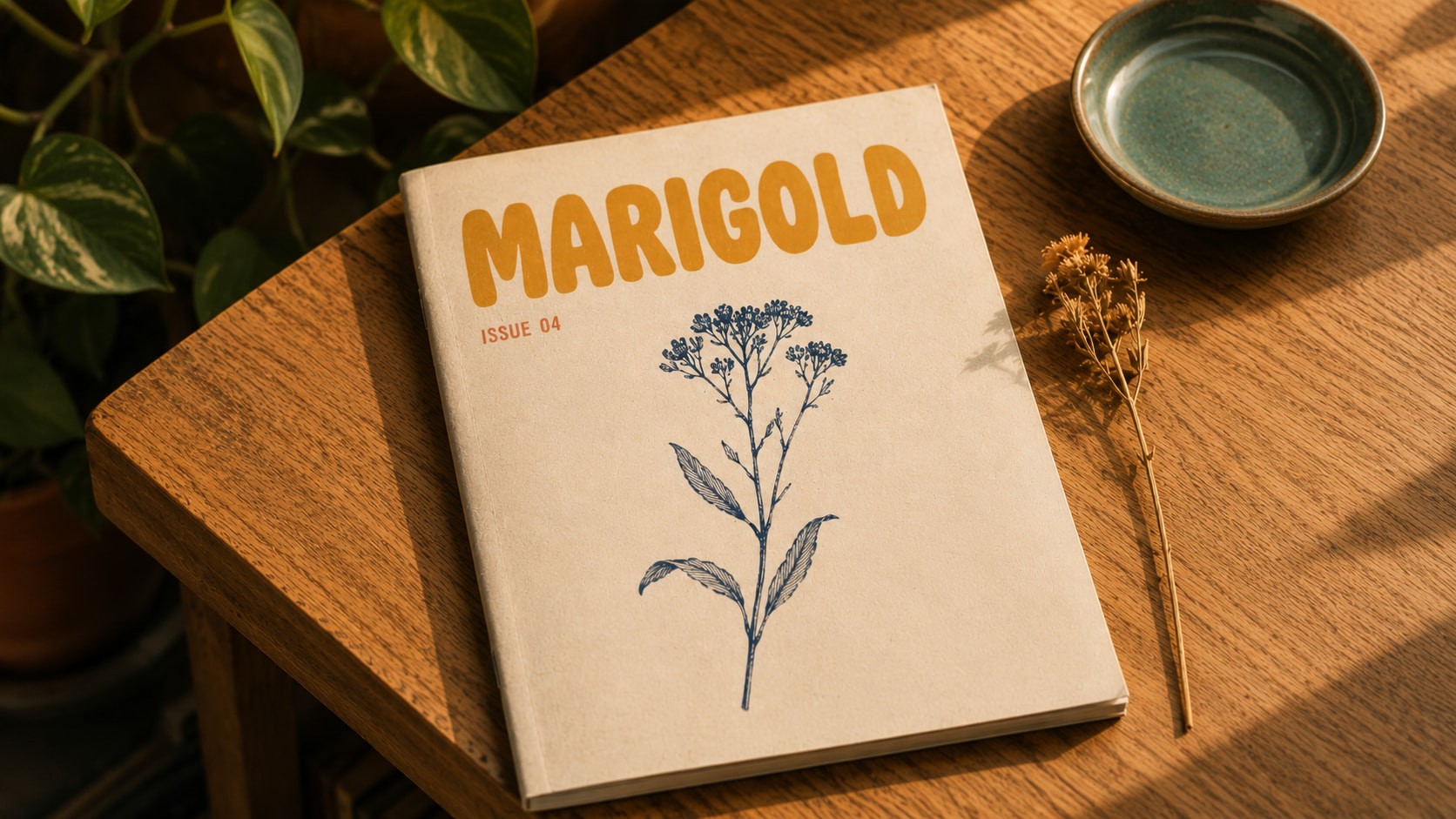 Magazine titled "Marigold Issue 04" with a botanical illustration on a wooden table. Nearby, a dried flower and small ceramic dish add a cozy, natural feel.