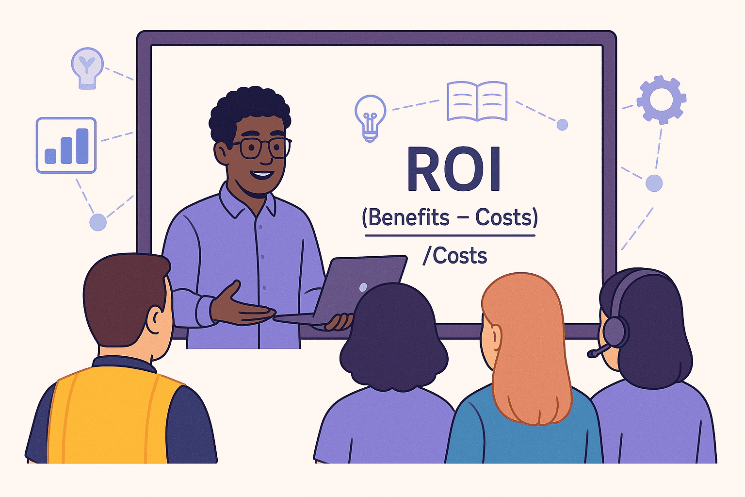 Flat-style illustration of four diverse employees seen from behind watching a presenter on a large screen, where he explains the ROI = (Benefits – Costs) / Costs formula with simple icons for learning and business metrics.