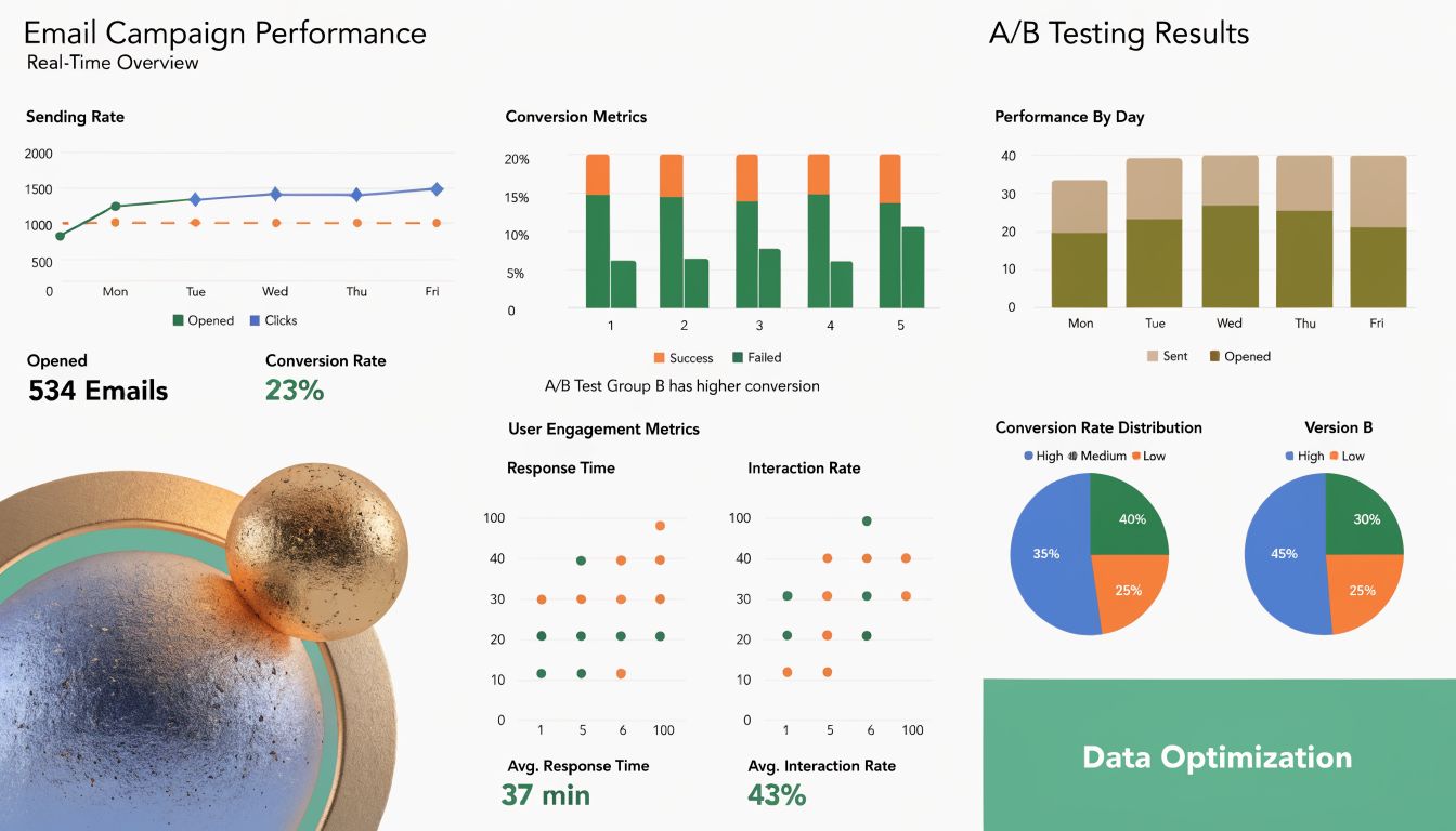Tableau de bord de performance marketing affichant des statistiques d'emailing, des tests A/B et des taux d'engagement utilisateur.