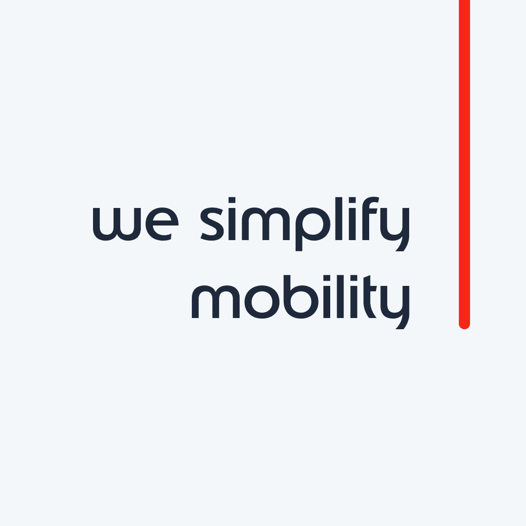 Brand tagline graphic showing the text "we simplify mobility" in dark navy on a light grey background, with a vertical red rule on the right edge.