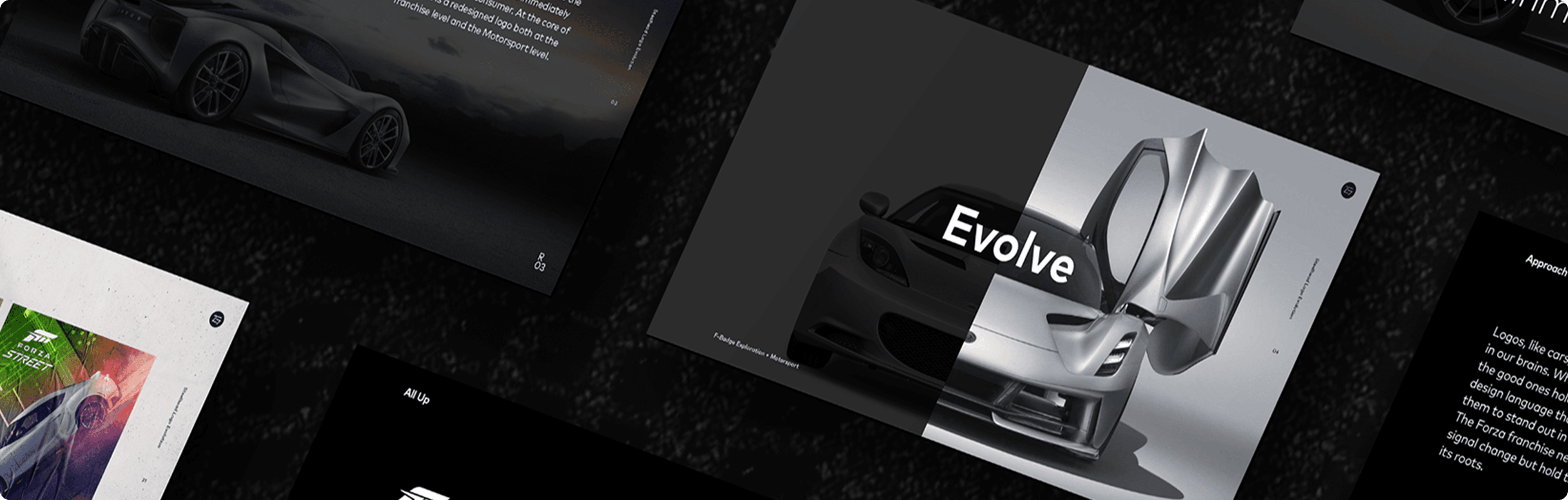 A collage of Forza Motorsport brand strategy slides