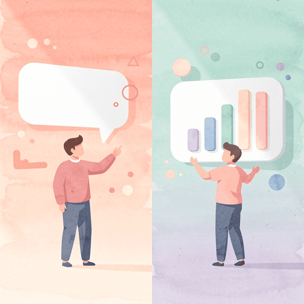 Split scene showing app-based learning versus real conversation challenges