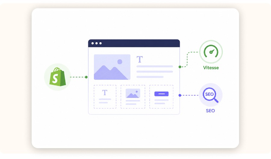  Illustration simple d’une page Shopify liée à la vitesse et au SEO&nbsp;