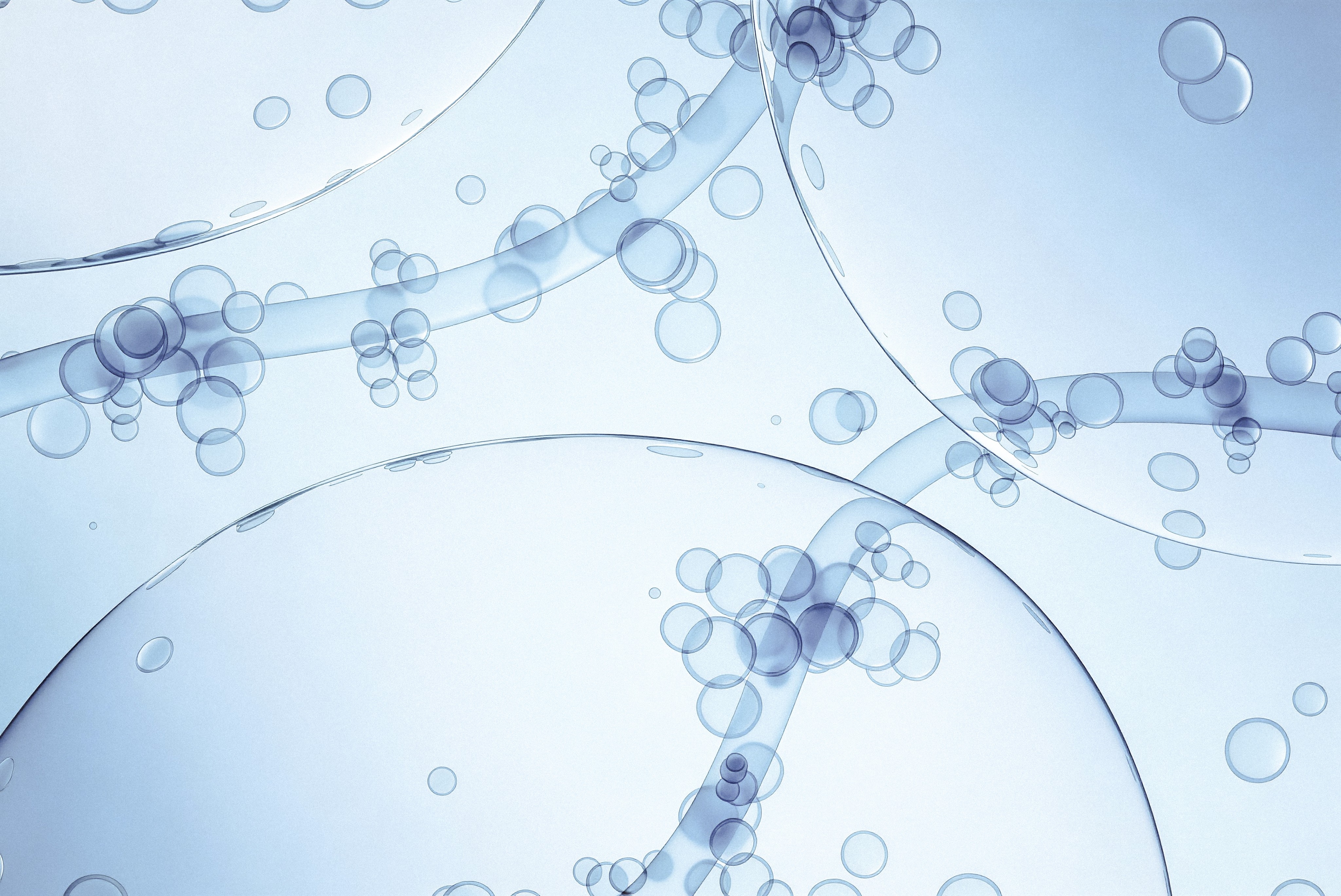 Close-up of three blue-tinted petri dishes and a rack of capped test tubes with blue liquid on a stainless steel laboratory surface, representing analytical research and quality testing.