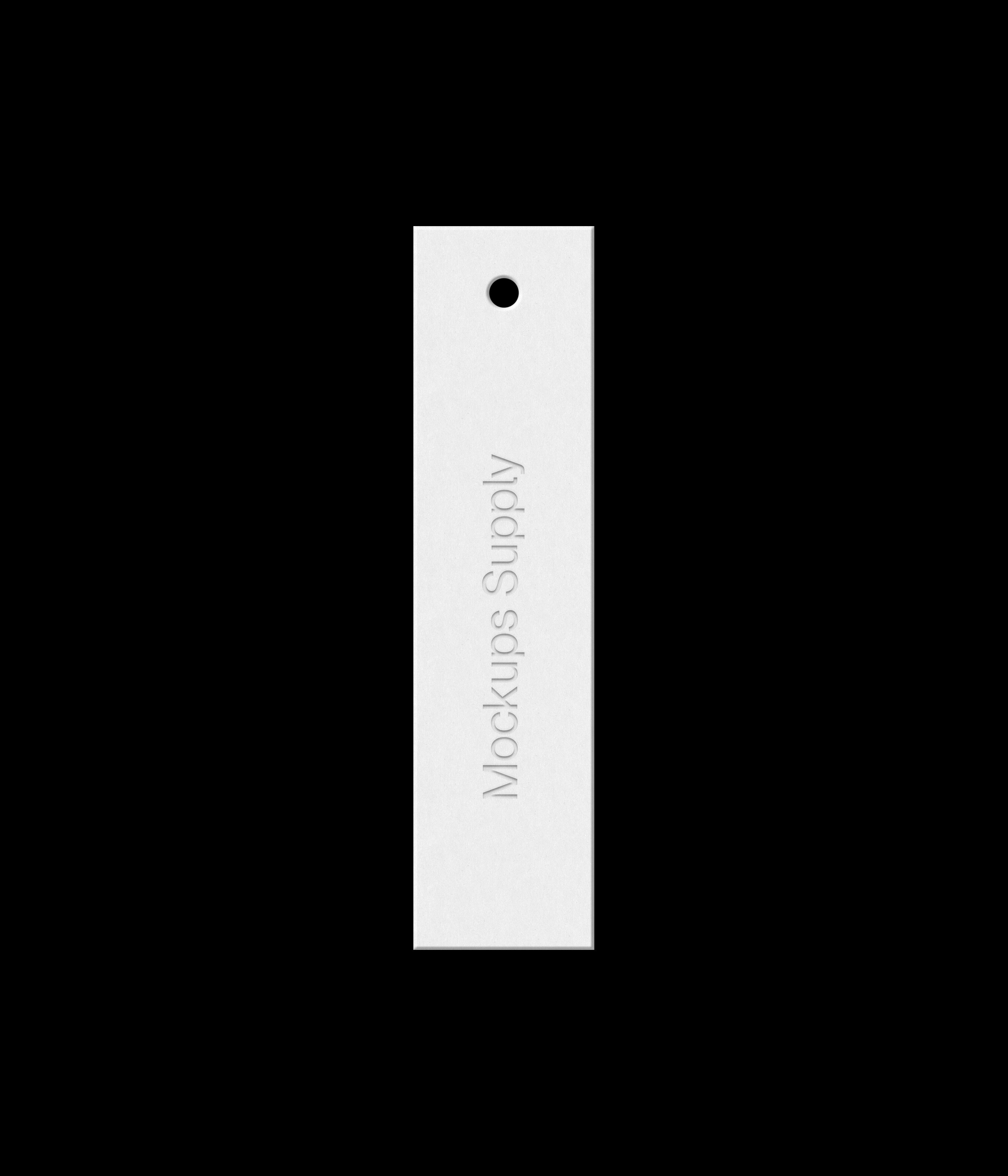 White 1x4 slim vertical hang tag mockup on black background with debossed text effect for Photoshop download psd