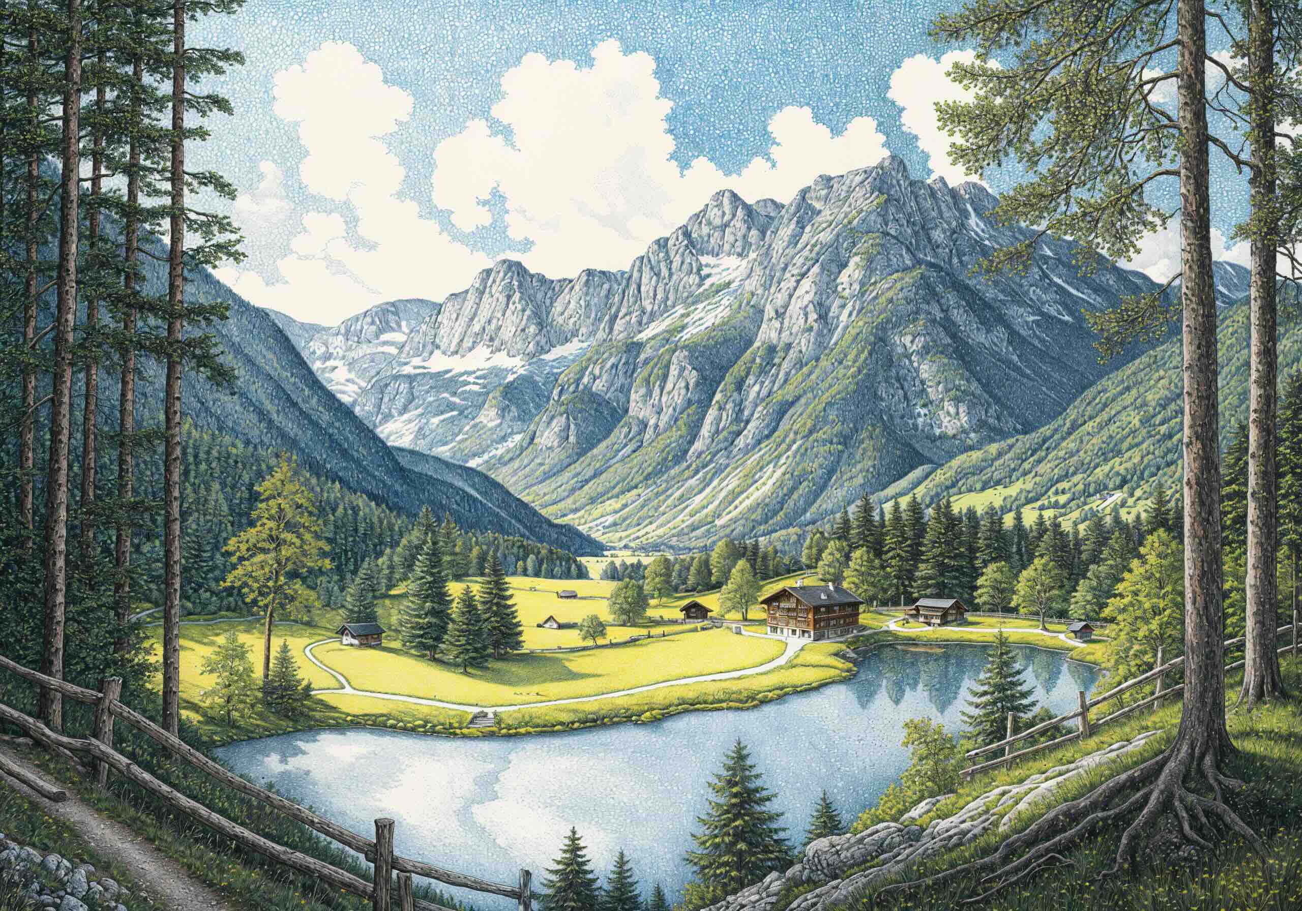 Detailed illustration of a picturesque alpine landscape in Germany, featuring towering mountains, a tranquil lake, green meadows, and traditional wooden chalets nestled among pine trees.