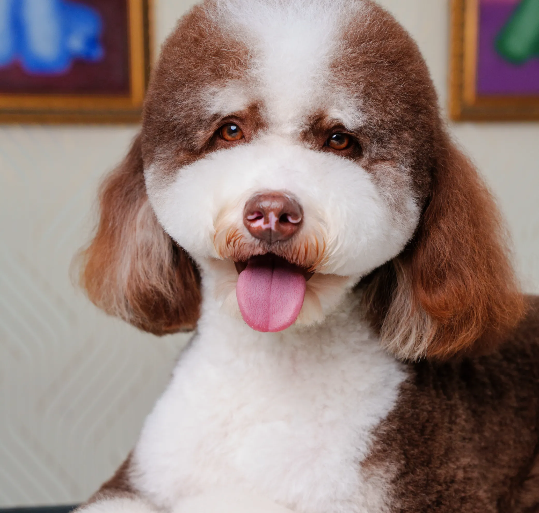 Close-up of a freshly groomed brown-and-white dog at MIMO University Heights.