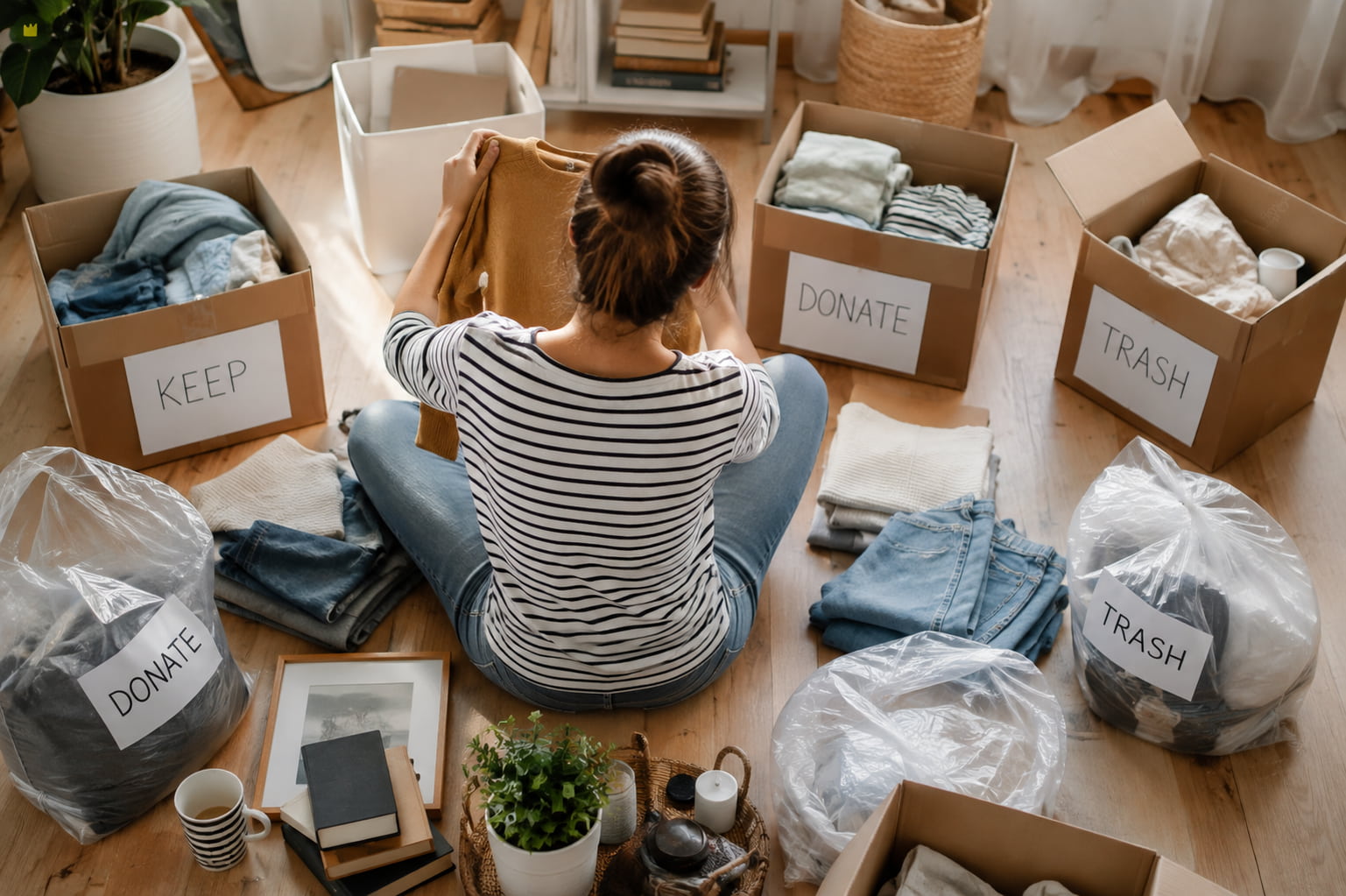 Woman sorting belongings into keep, donate and discard piles to make moving home easier.&nbsp;