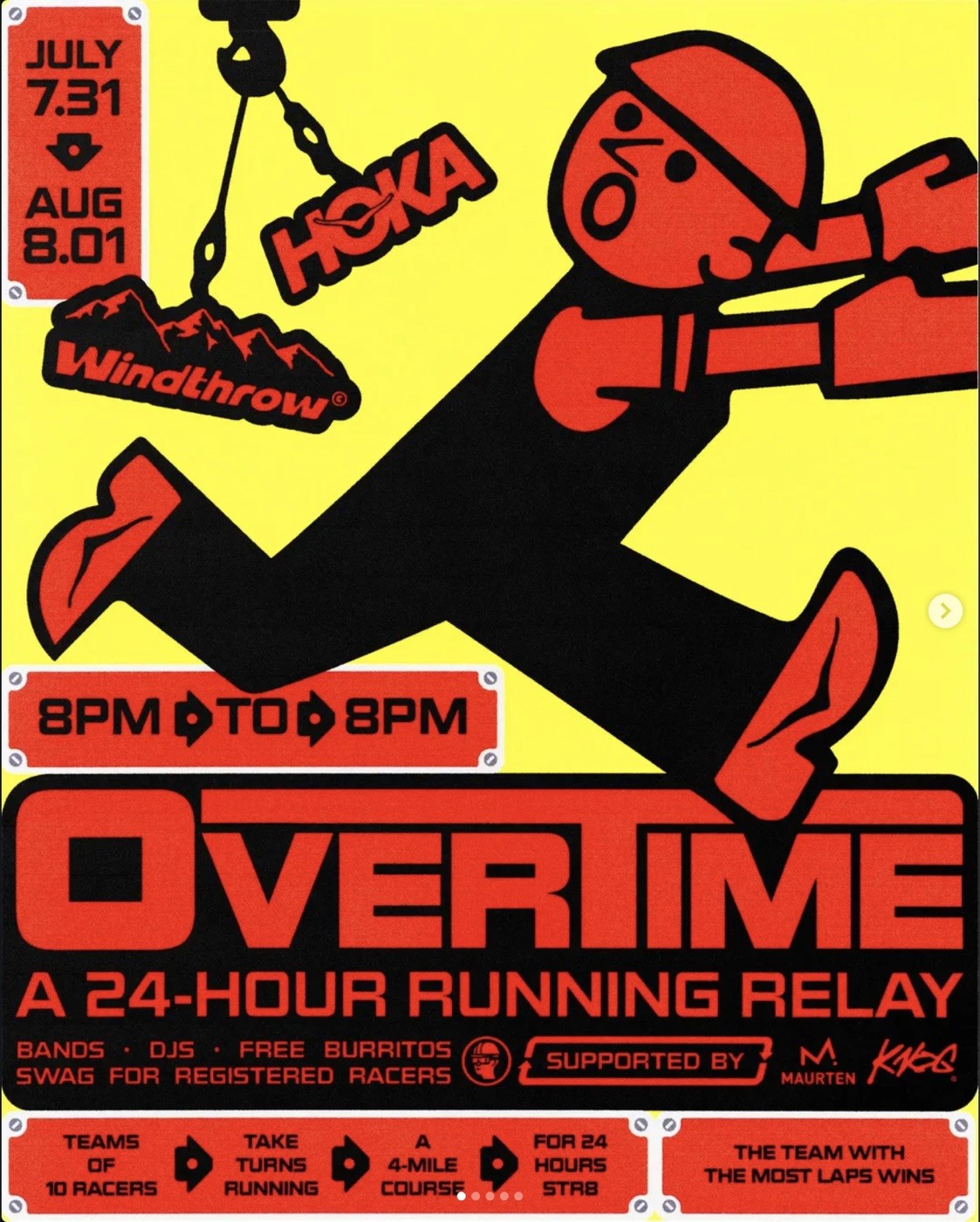 OVERTIME 24-hour relay poster: a black worker silhouette running across safety yellow with vermilion type
