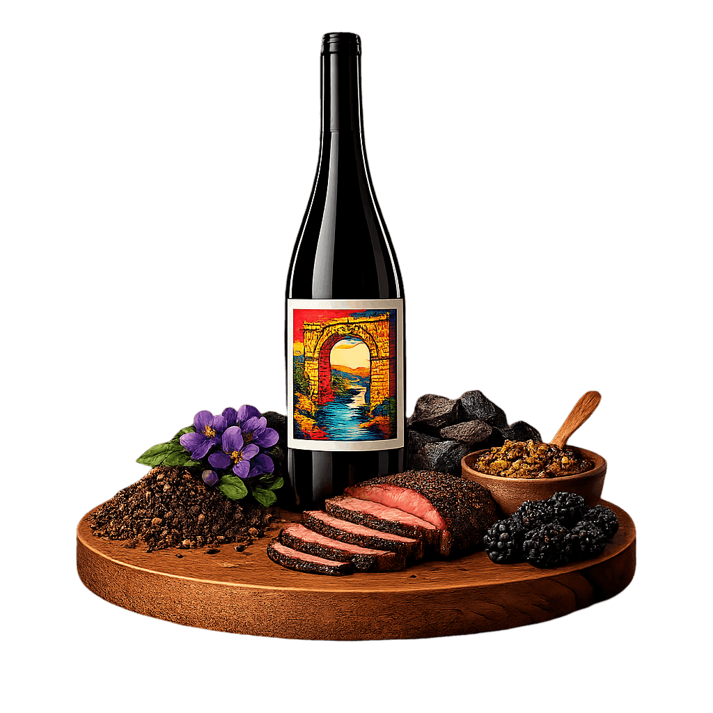 Artistic label and flavor profile for Northern Rhône Syrah on a rustic wooden table.