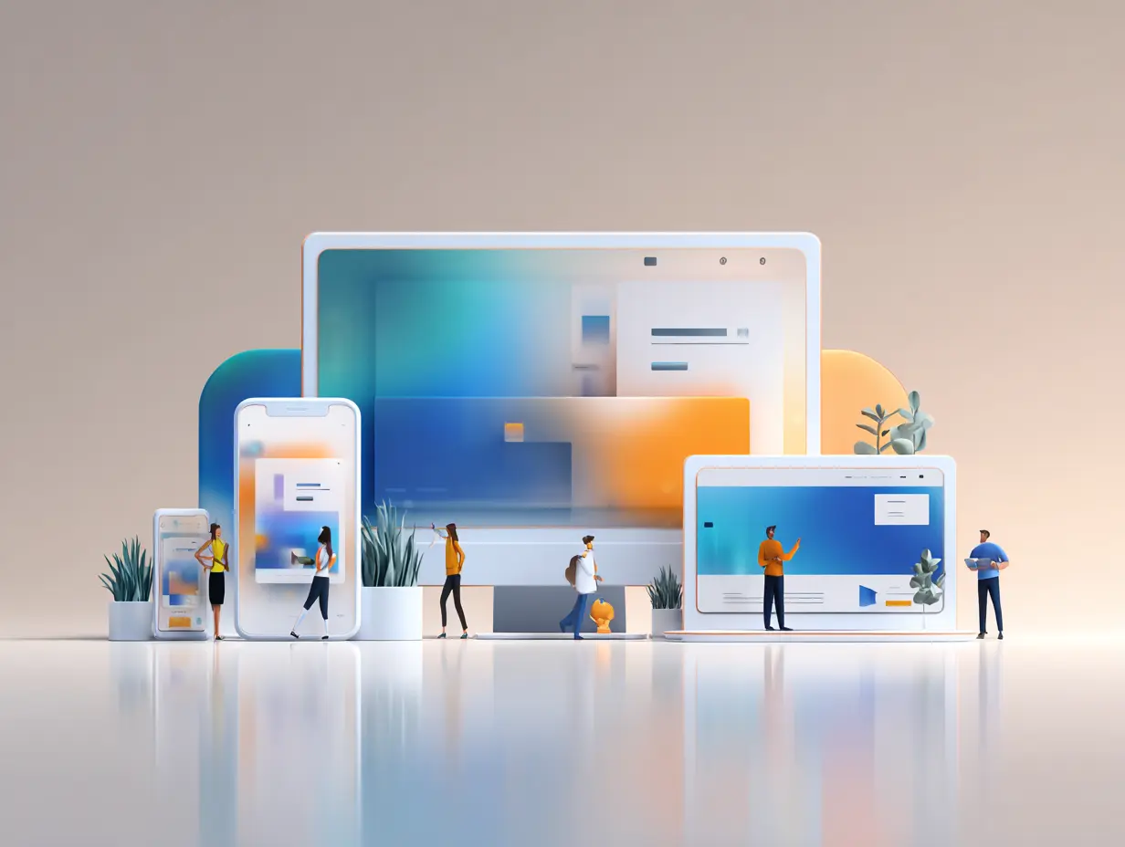 "Playful digital illustration presenting miniature people working on and around large computer, tablet, and mobile screens, surrounded by abstract shapes in pastel tones, symbolizing creative teamwork and cross-device web experiences."