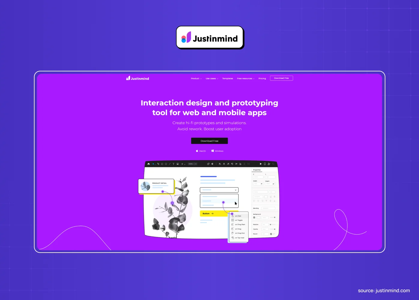 Justinmind homepage screenshot showing the interaction design and prototyping tool for web and mobile apps headline above the prototype editor.