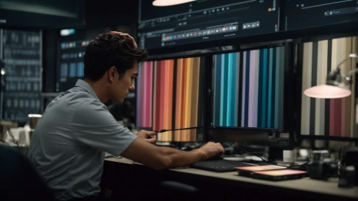 a filmmaker adjusts colors on a computer screen, showcasing different color palettes for a movie scene.