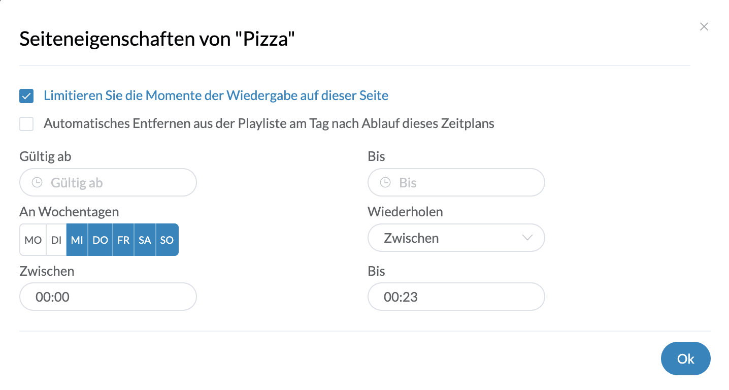 Seitenspezifische Zeitplaneinstellungen, die Tage, Datumsangaben und Zeitfenster anzeigen, um festzulegen, wann eine bestimmte Playlist-Seite angezeigt wird.