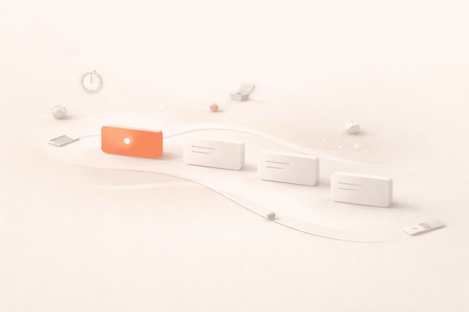 Minimalistische 3D-Illustration eines Tagesplans mit einem leuchtenden korallfarbenen Fokusblock am Anfang einer geschwungenen Zeitleiste. Dahinter folgen mehrere helle, zunehmend verblassende Zeitblöcke, die nachlassende mentale Energie andeuten. Kleine abstrahierte Elemente wie Uhr, Aufgabenkarten und verstreute Entscheidungssymbole liegen dezent im Raum. Der Hintergrund ist warm cremefarben mit sanftem Pfirsichverlauf und viel Freiraum.