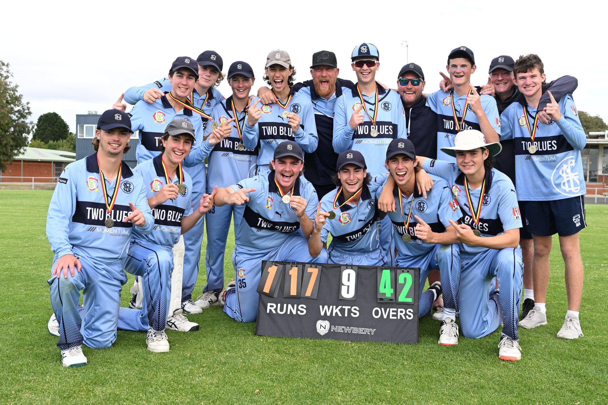 U17s Premiership Photo for 3rds Team Celebrating for Dylan Hodge Bowling for Newtown & Chilwell Cricket Club