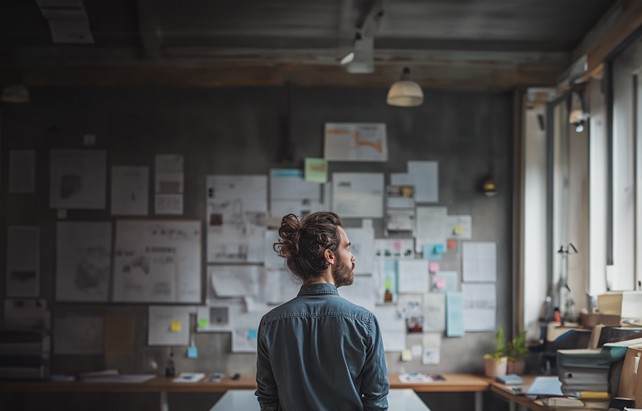 Creative workspace with large windows and a wall full of inspiration boards.