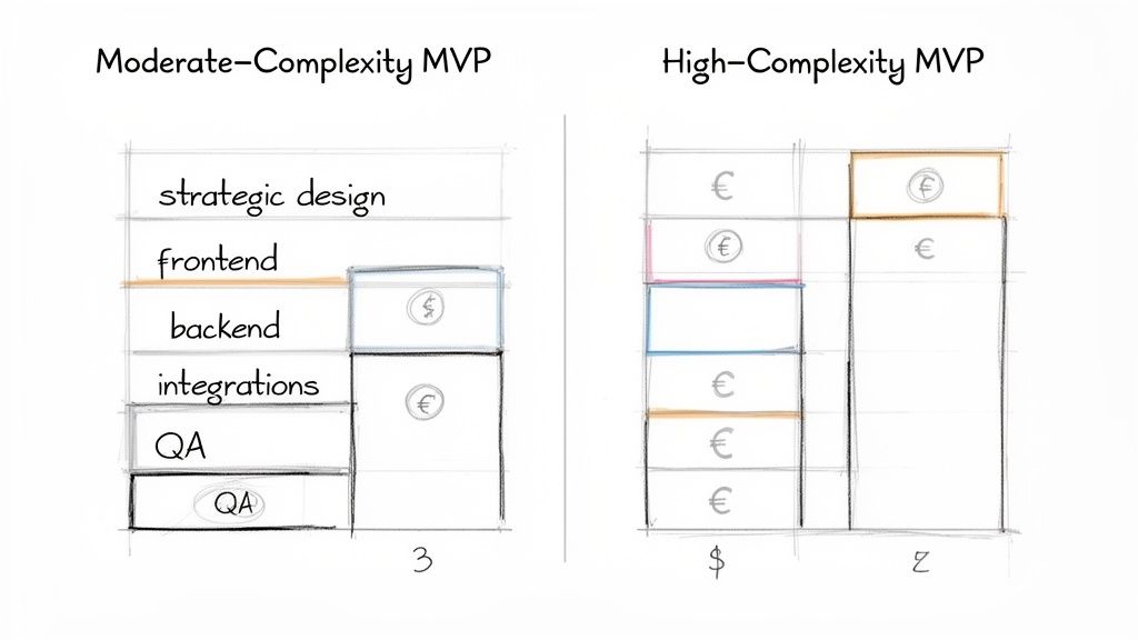 Visual comparison of Moderate versus High-Complexity MVP development, outlining design, frontend, backend, integrations, and QA stages.