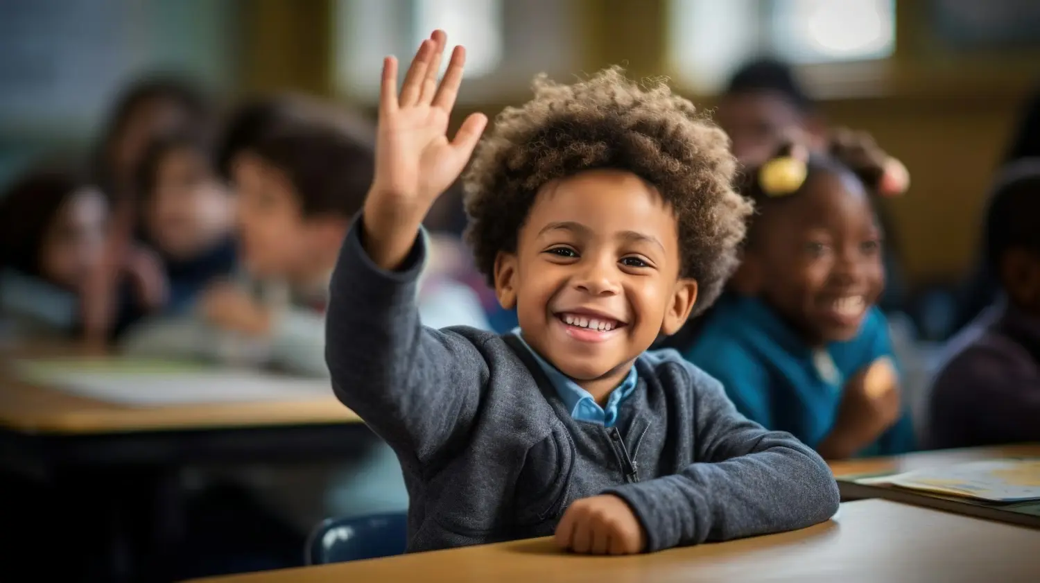 Smiling child raising a hand in a classroom.