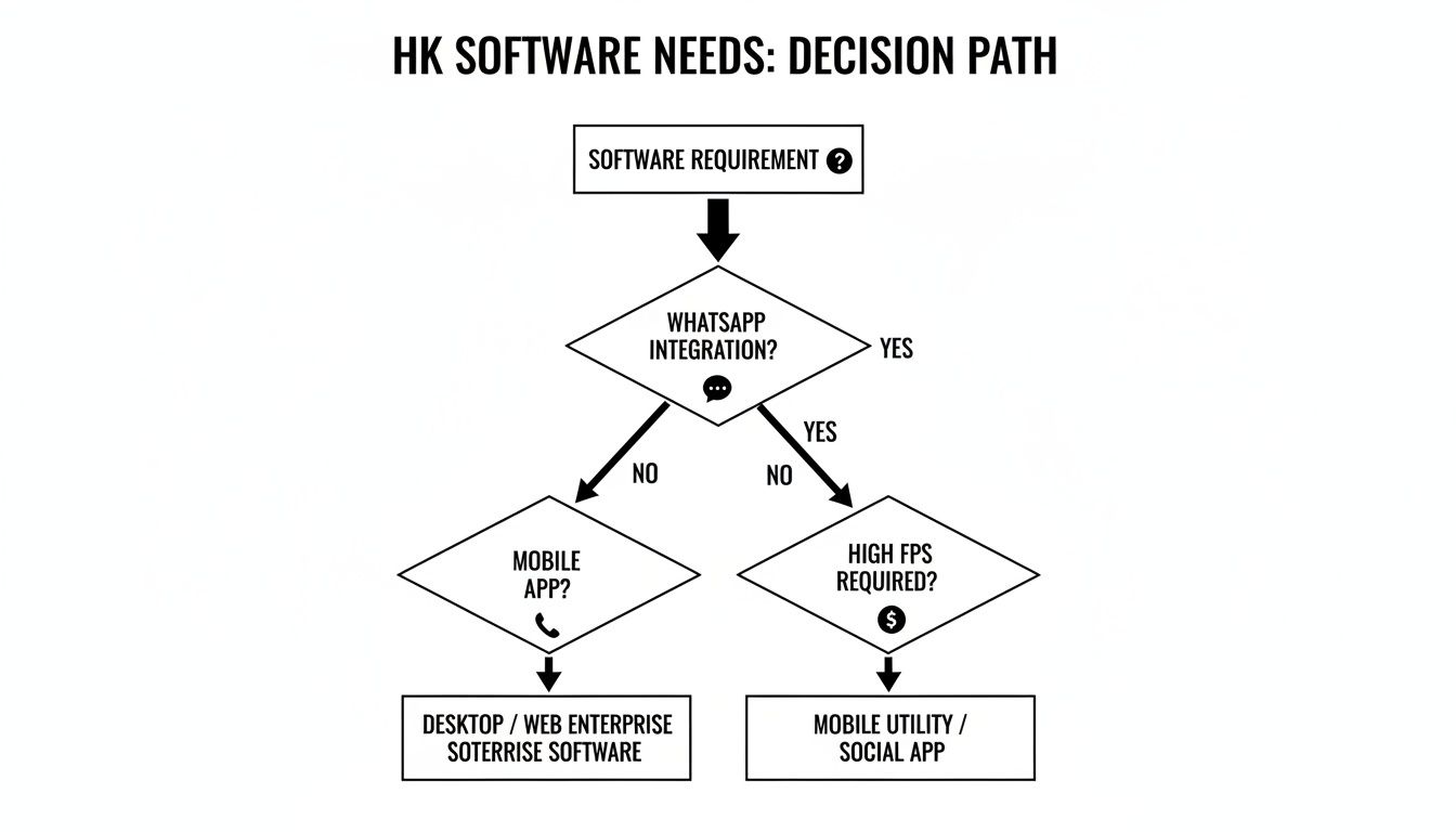 Flowchart outlining a software needs decision path for Hong Kong, based on WhatsApp integration, mobile app, and high FPS requirements.