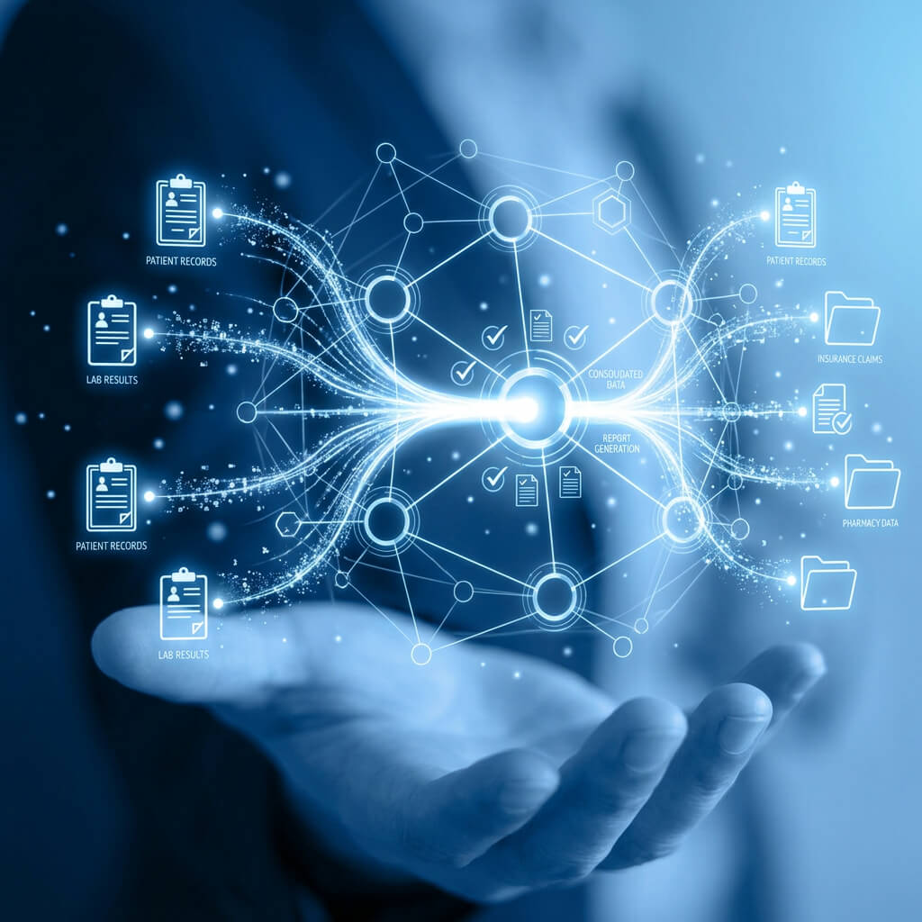 Mână de medic care afișează un hub digital cu documente medicale conectate — fișe pacienți, rezultate de laborator și rapoarte — simbolizând integrarea datelor medicale în Evolvo.
