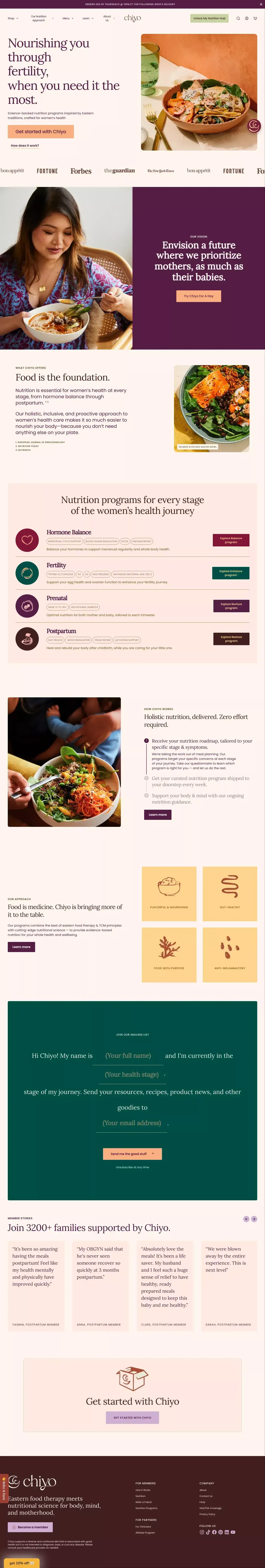 Chiyo landing page screenshot showcasing Food & Drinks design