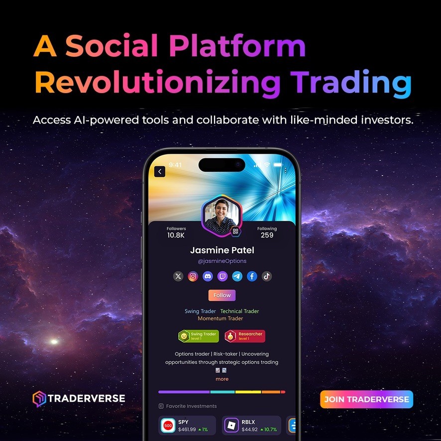 "A Social Platform Revolutionizing Trading" Traderverse dark-themed promotional card