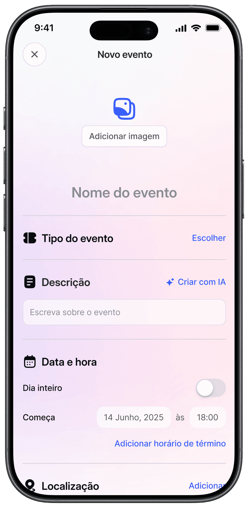 Tela para criar evento e adicionar imagem para convite infantil digital no aplicativo Dona