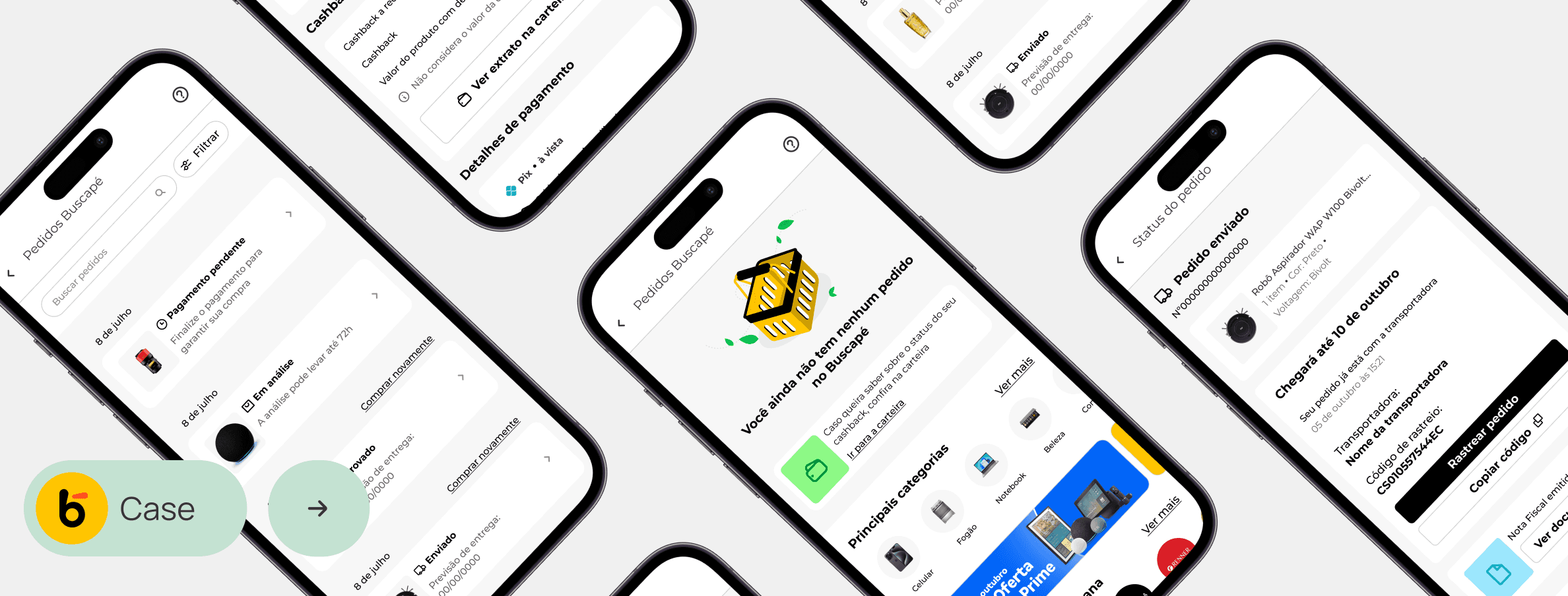Visão geral da experiência do usuário na área de 'Meus Pedidos' do aplicativo Buscapé. As telas exibem o histórico de compras, status dos pedidos, detalhes dos produtos e outras informações relevantes para o usuário.